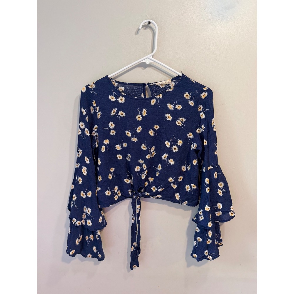 Altar'd State Navy Blue Daisy Floral Crop Top Bell Sleeve Front Tie Small